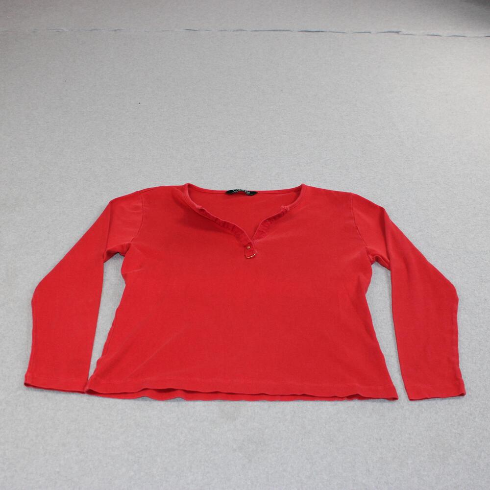 Lauren Ralph Shirt Women Medium Red V Neck Long Sleeve Cotton Logo Ring Tee Y2K